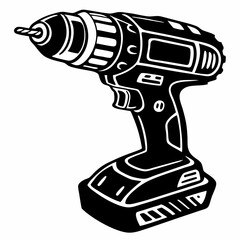Black and white illustration of a cordless power drill with a drill bit