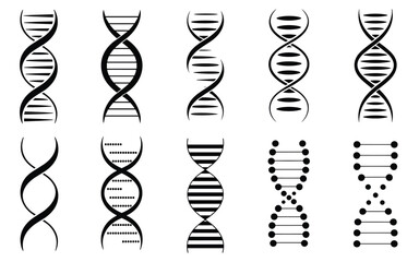DNA Helix Icon Set &ndash; Molecular Genetics Symbols in Stylized Silhouette Designs
