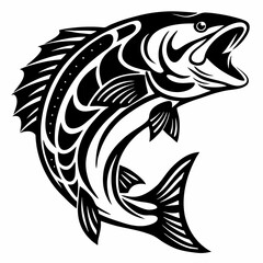 Stylized black and white jumping fish illustration with tribal patterns