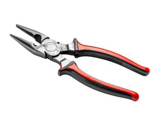 Close up of metal combination pliers with red and black handles on a gray background