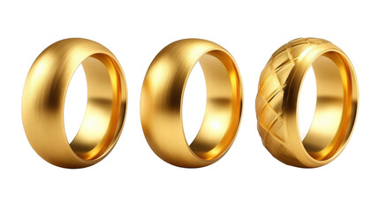 Three elegant gold wedding rings displayed against a transparent background, showcasing unique designs