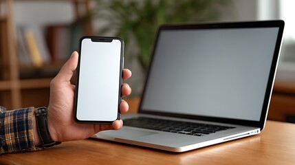 Close up of a person holding a smartphone with a blank screen next to a laptop on a wooden desk