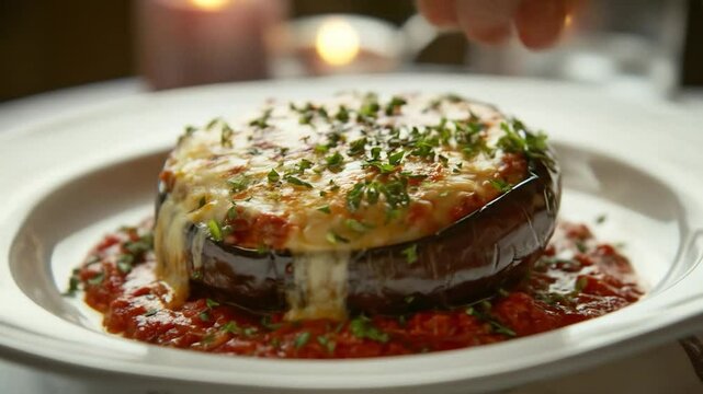 Delicious Eggplant Parmigiana: Chef Garnishing Italian Dish with Fresh Herbs