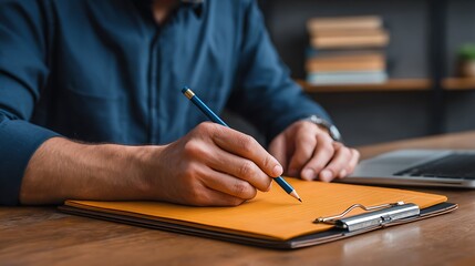 Close up of a man wearing a blue shirt writing with a blue pencil on an orange clipboard