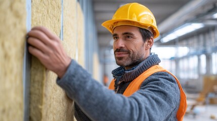 Caucasian male adult installing insulation with hard hat in construction site.