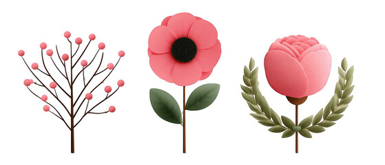 Three intricately designed floral elements showcasing vibrant colors and textures