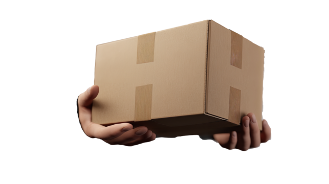 A securely taped cardboard box is tenderly held by gentle hands ready for on transparent background