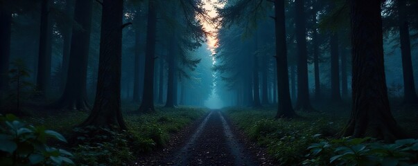 Fototapeta premium Mysterious Twilight Forest Path Shadows and Suspense in a Dense, Dark Wood