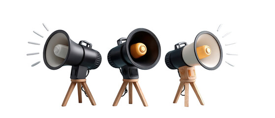 Three megaphones on wooden tripods, showcasing different designs and colors, with a clean background