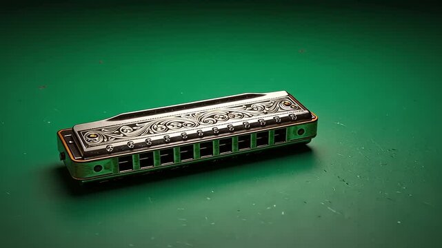 Close-up of a harmonica on a green surface