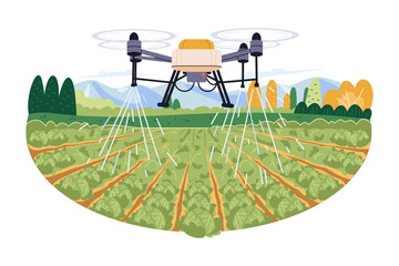 Agriculture drone spraying rows of cabbage with water, pesticides or fertilizers on a background of mountain and beautiful sky, the concept of modern agriculture in flat style illustration design
