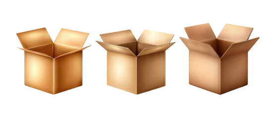 Three open cardboard boxes arranged in a row, showcasing various sizes and angles, with a neutral background