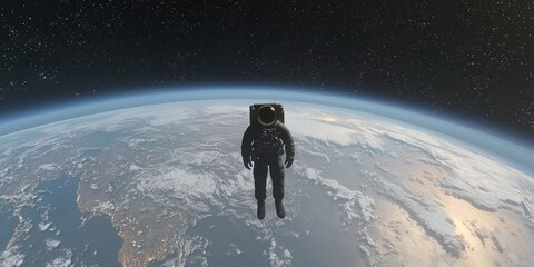 A lone astronaut drifting weightlessly above Earth, with the planet in the background