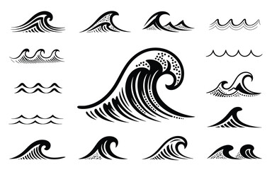 Obraz premium Ocean Wave Icon Collection – Artistic Crest, Curl, and Ripple Symbols in Silhouette Style
