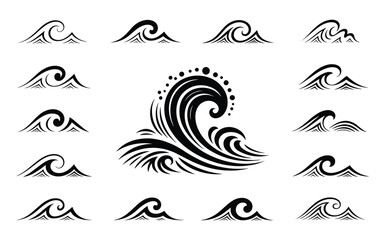 Fototapeta premium Ocean Wave Icon Collection – Artistic Crest, Curl, and Ripple Symbols in Silhouette Style
