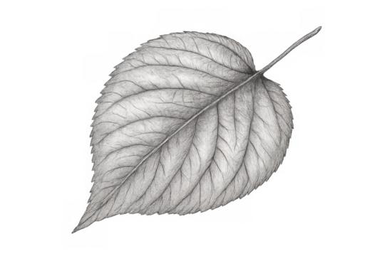 Detailed pencil drawing of a leaf with intricate veins and textures, isolated on a transparent background