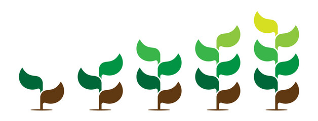 Business presentation with step or process. Infographics. Vertical timeline with 2, 3, 4, 5, and 6 parts. Stylized trees with leaves. Development and growth of the green technology