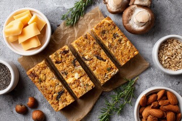 Fototapeta premium Homemade nut and seed granola bars with fresh cheddar and mushrooms.