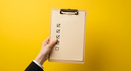 suitable for enhancing time management practices. hand holding a beige clipboard with a checklist on a bright yellow background, immaculate representation of a paper checklist on a bright background