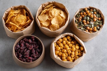 Fototapeta premium A variety of snacks including chips, nuts, and dried fruits in paper bags on a gray surface. Ideal for healthy eating concepts and snack promotions.