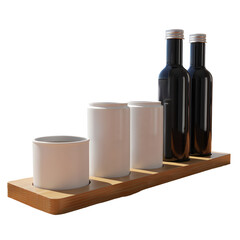Fototapeta premium Minimalist ceramic mugs and glass bottles on wooden tray still life with neutral tones, clean simple composition and soft light, PNG file isolated on transparent background