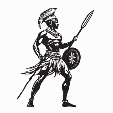 Zulu warrior with spear and shield Silhouette vector isolated on white background.