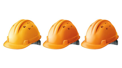 Three orange safety helmets arranged in a row, set against a plain background, ideal for construction themes