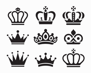 Regal crown vector illustration set, showcasing different styles, perfect for royal, luxury, and nobility themes. Ideal for monarchy-related designs, these crowns symbolize kingdom, empire, and throne