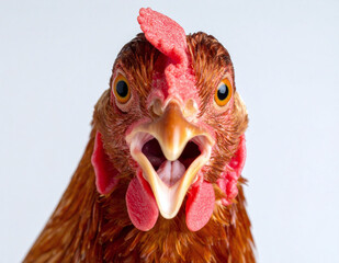 Funny chicken showing shock with big eyes and open beak on clean white background
