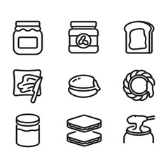 Jam product icons collection. Thin line style vectors. Contains icons of jam jars, jam bread and more.
