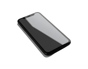 Modern black smartphone with a sleek design and reflective screen on a gray background