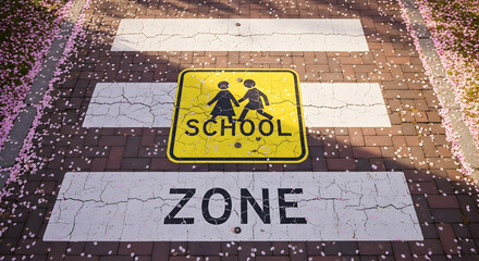 School Zone Signage On Crosswalk With Scattered Blossoms In An Urban Setting