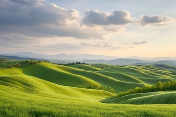 Obraz premium Peaceful rolling green hills landscape with soft evening light and dramatic sky, perfect for conveying calm, natural beauty and serene countryside atmosphere