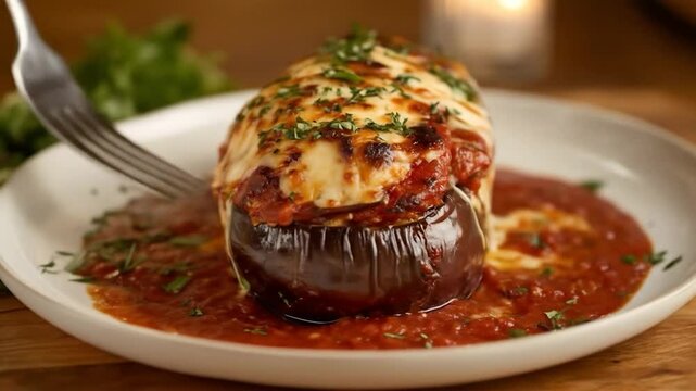 Delicious Stuffed Eggplant Parmigiana: Close-Up of a Fork Cutting into the Dish