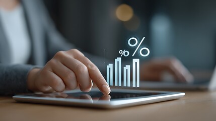 Close up of a person s finger interacting with a tablet displaying a glowing financial bar graph with percentage symbols