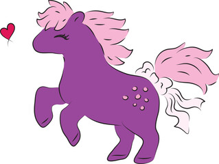 A cute happy purple pony with a pink mane happily reared up, contour curved lines drawn by hand with a black brush