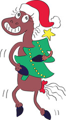 Funny brown horse in a Christmas red hat grins smiling holds a Christmas tree in his hands and looks at the camera, hand drawn with a black brush