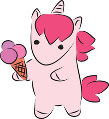 Cute little unicorn pony with pink mane and tail standing and holding ice cream cone in hand, contour curved lines drawn by hand with a black brush