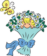 Cute little pony with yellow mane sits in a big summer bouquet with a big blue bow, contour curved lines drawn by hand with a black brush