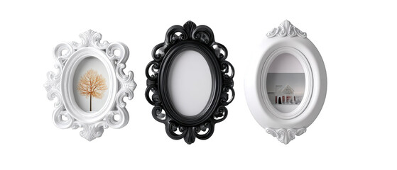 Three ornate picture frames in various colors showcasing a minimalist design with a tree motif