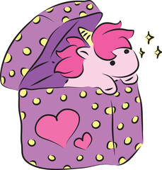 Cute little pink unicorn pony peeking out of a big purple gift box with yellow polka dots, contour curved lines drawn by hand with a black brush