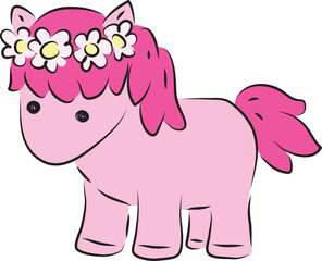Cute little pink pony with a wreath of white flowers on her head, contour curved lines drawn by hand with a black brush