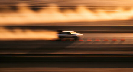 Obraz premium Blurred Motion Of Car Drifting Through A Track On Asphalt During Golden Hour