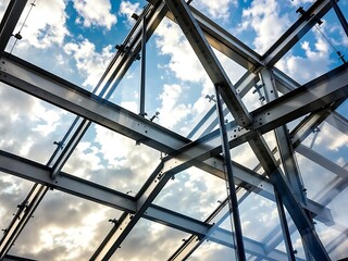 Close-up of steel and glass window frame reflecting sky. Ideal for modern architecture, transparency, and industrial structure visuals