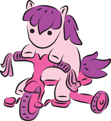 Cute little pink pony with purple mane riding on baby pink tricycle, contour curved lines drawn by hand with a black brush