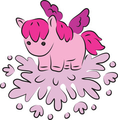 Cute little pink pony pegasus standing on a big winter lilac snowflake, contour curved lines drawn by hand with a black brush