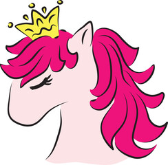 Head of a cute pony with a pink mane and a golden crown on her head, side view, contour curved lines drawn by hand with a black brush