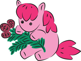 Cute little pink pony sitting and holding a green spruce branch with cones, contour curved lines drawn by hand with a black brush