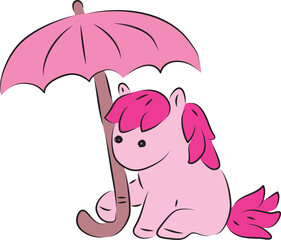 Cute little pink pony sitting under a big pink umbrella, contour curved lines drawn by hand with a black brush