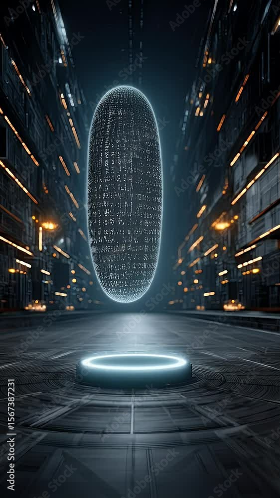 Poster code sphere hovering in futuristic city